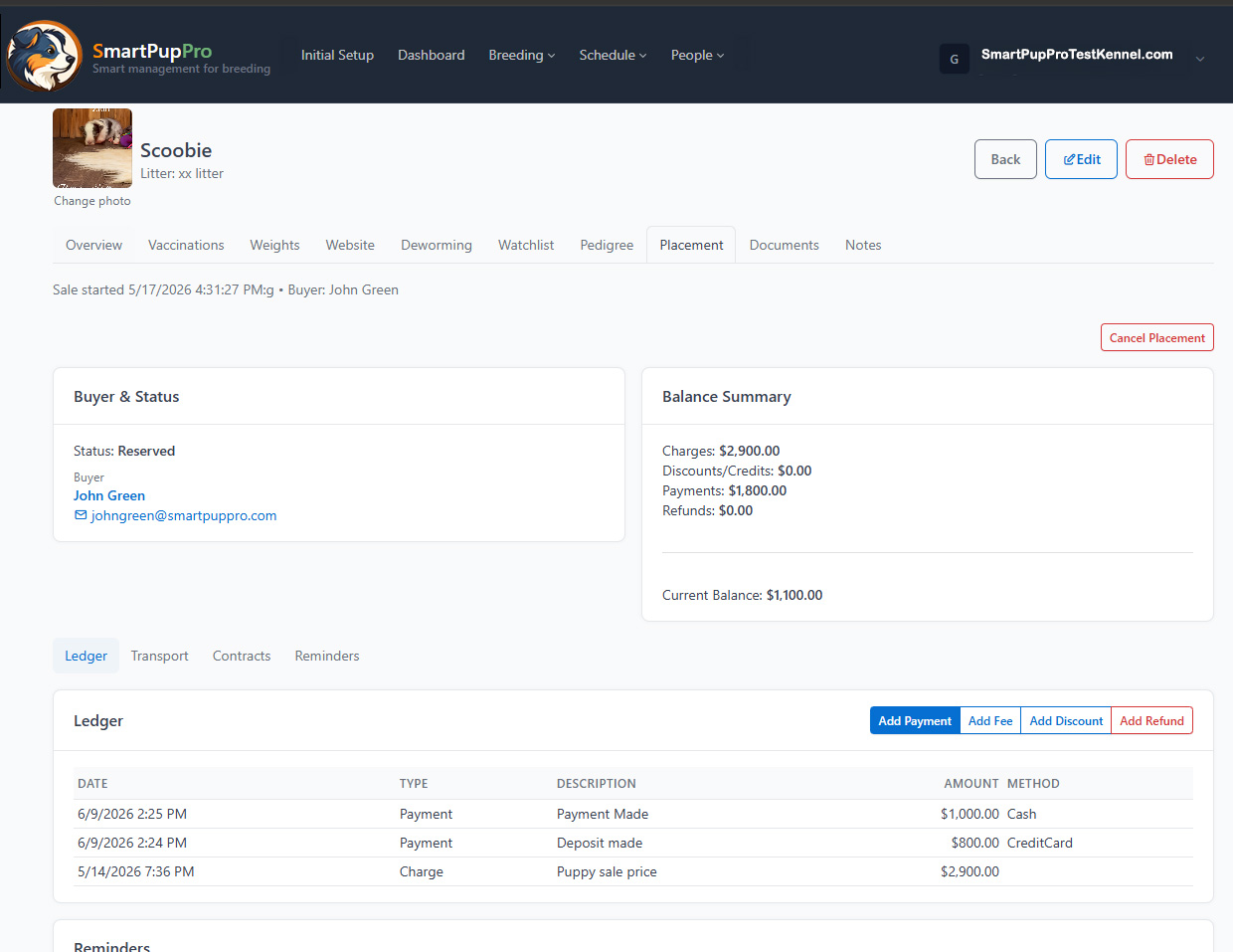 SmartPupPro puppy payment ledger showing charges, payments, and balances